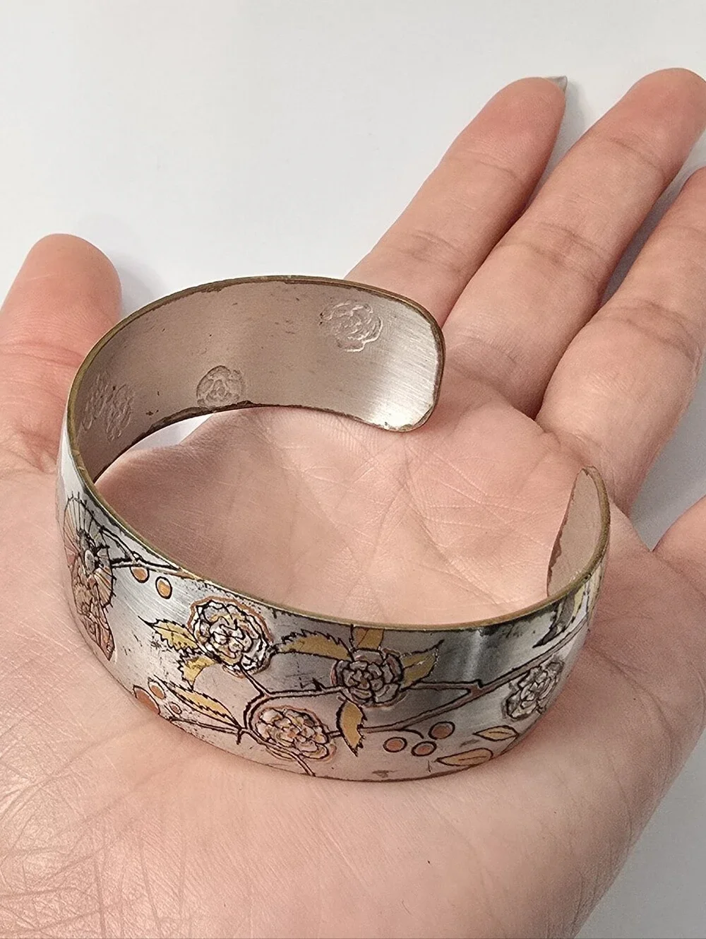 Reed & Barton Silver-Tone Daniascene Engraved Cuff Bracelet with Gold Trim